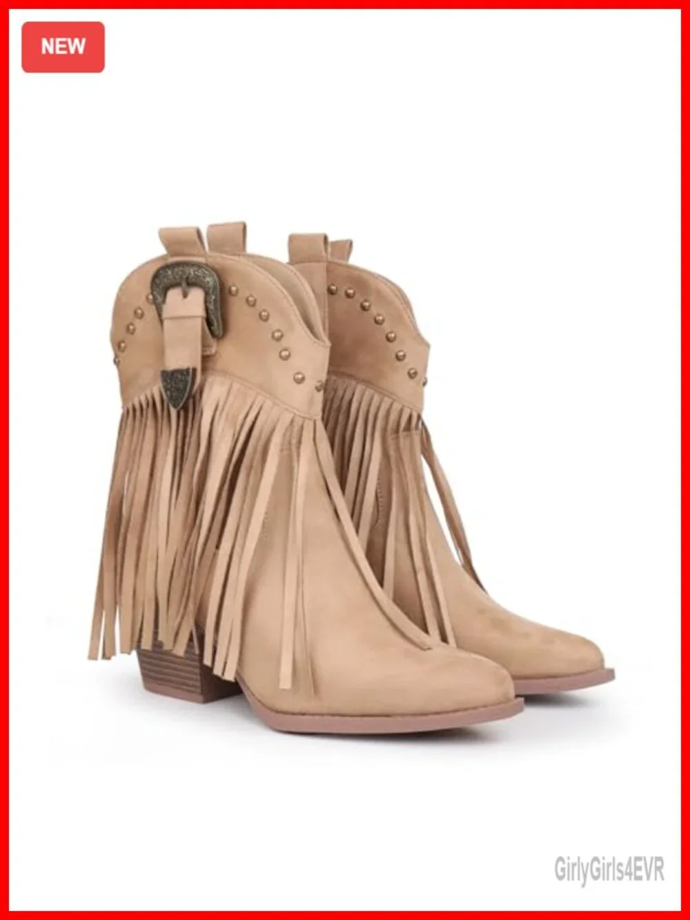 Western Ankle Booties with Fringe and Studded Accents Block Heel Suede